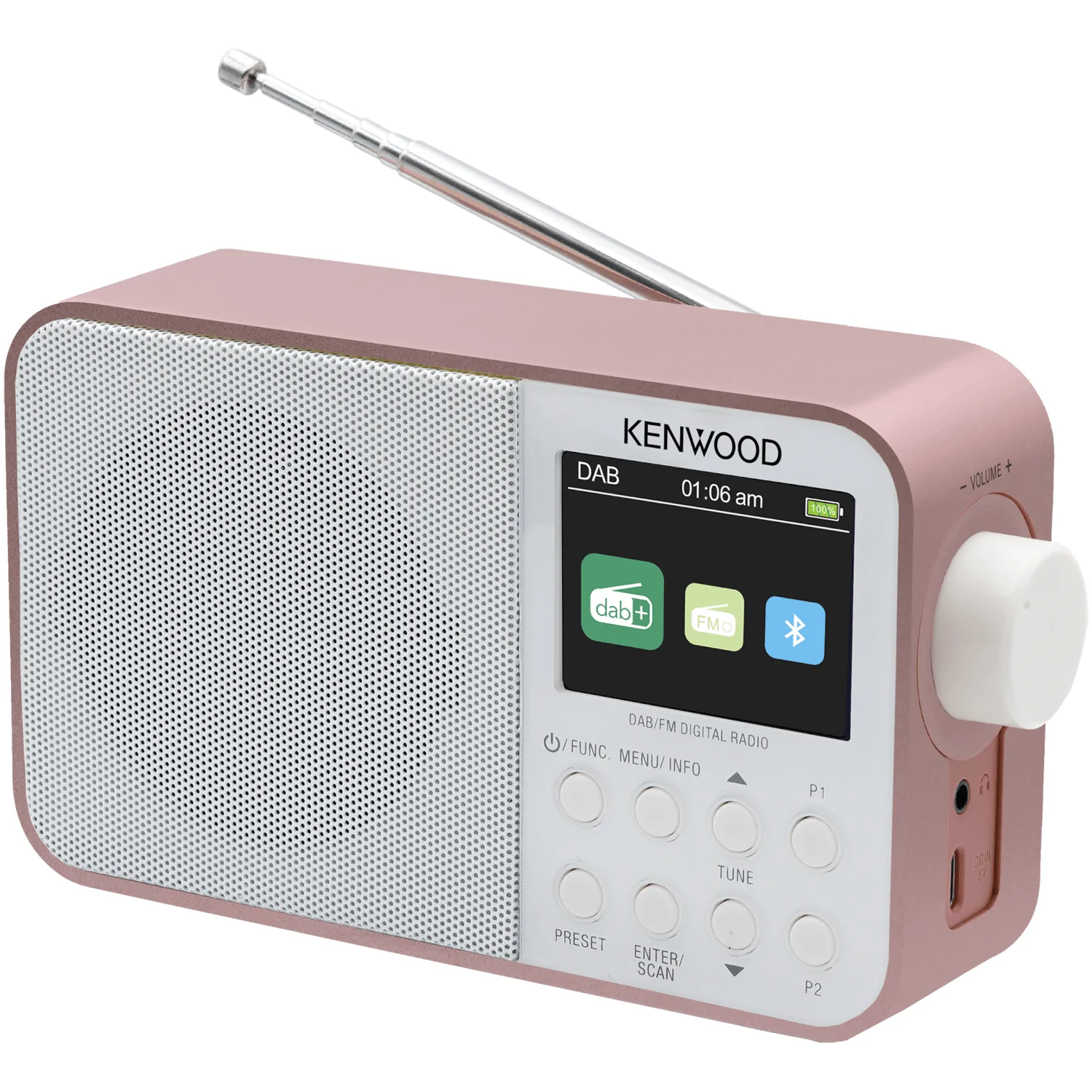 Rosa Kenwood DAB-Radio mit Bildschirm, Knöpfen und ausziehbarer Antenne.