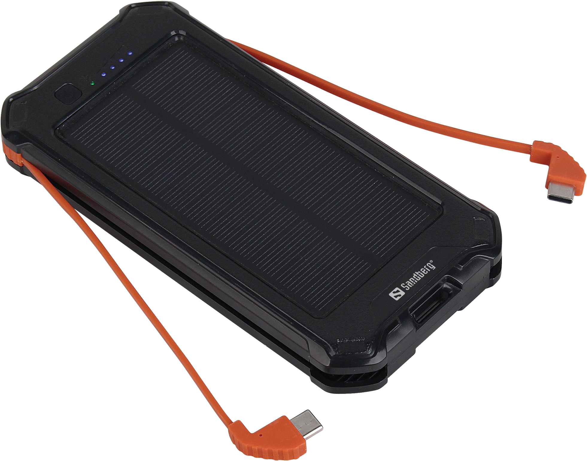 Fekete és narancssárga napelemes power bank csatlakoztatott töltőkábelekkel, fekete felületen.