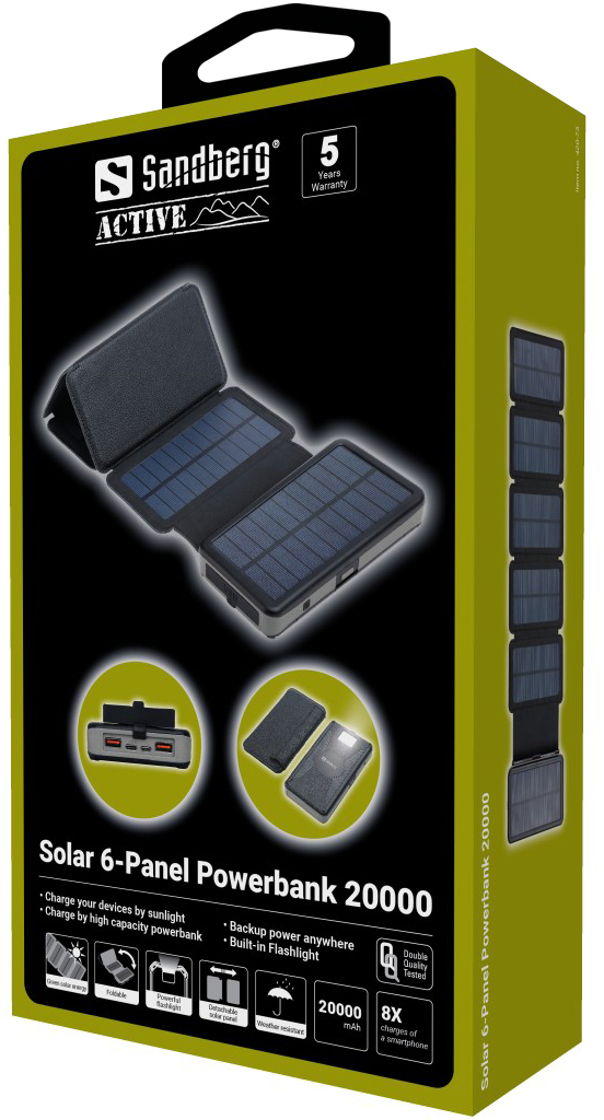 Dobozos Sandberg napelemes power bank, napelemekkel és USB portokkal.