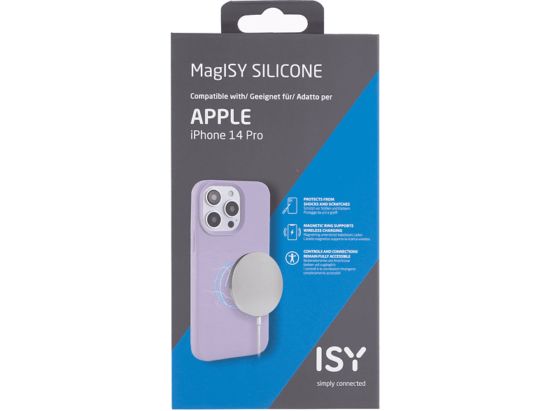 Funda morada para iPhone 14 Pro con cargador MagSafe sobre fondo blanco. Texto en la caja.