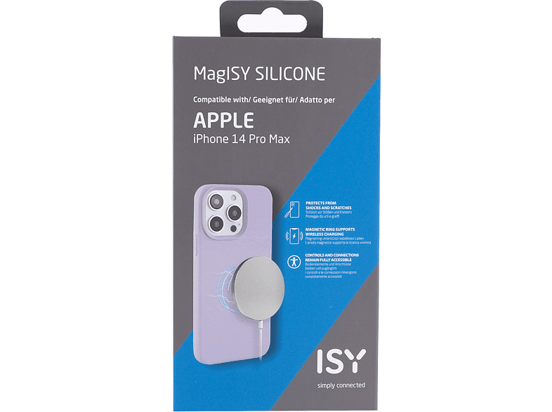 Funda para iPhone 14 Pro Max con un cargador adjunto, exhibida en una caja.