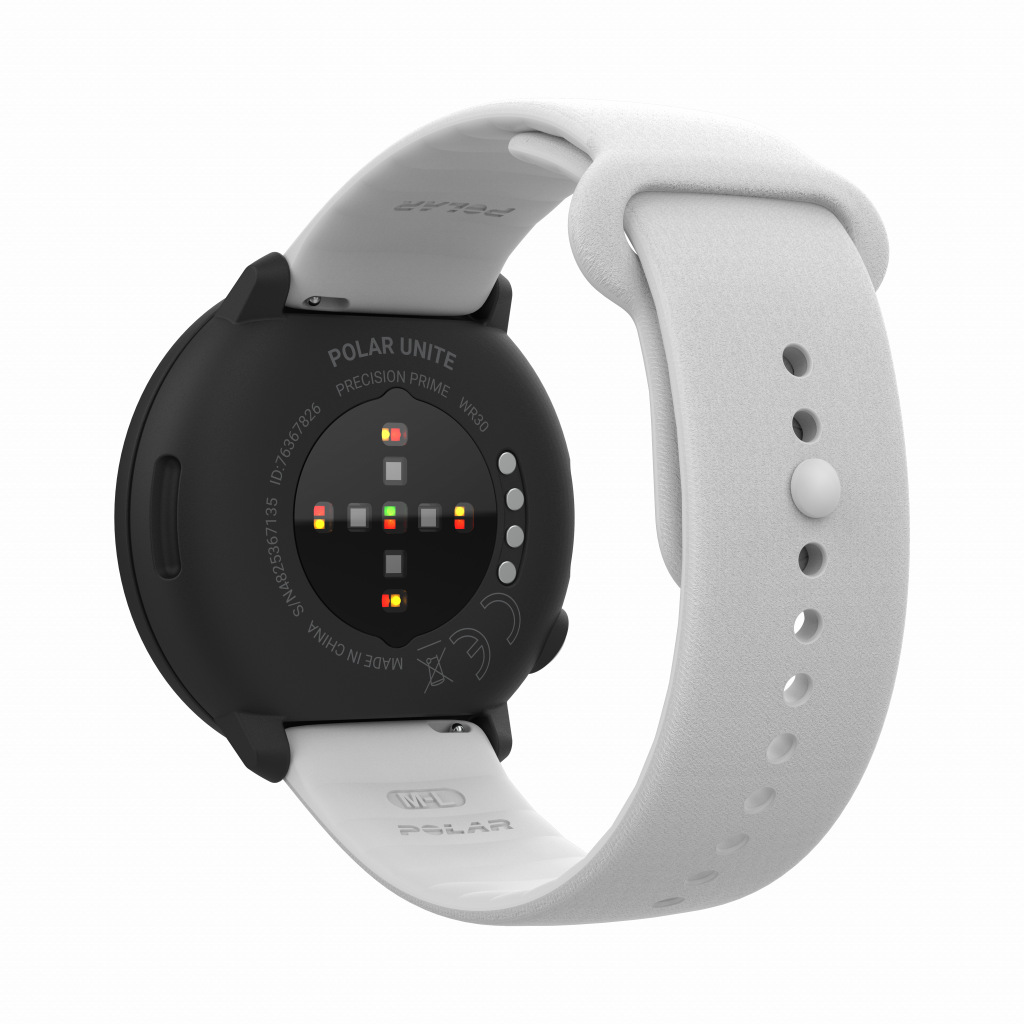 Smartwatch Polar Unite, vista trasera. Esfera negra, correa blanca. Muestra sensores y marca.