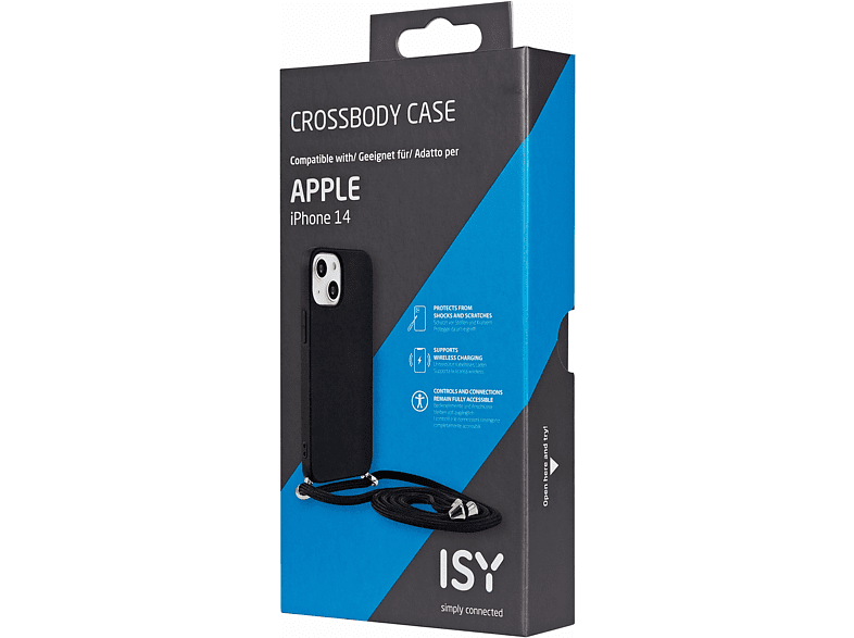 Funda negra para iPhone 14 en caja con texto y marca ISY. Cordón negro y detalles plateados.