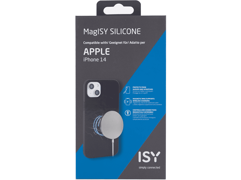 Una funda negra para iPhone con un cargador magnético circular blanco. La caja está sobre un fondo blanco.
