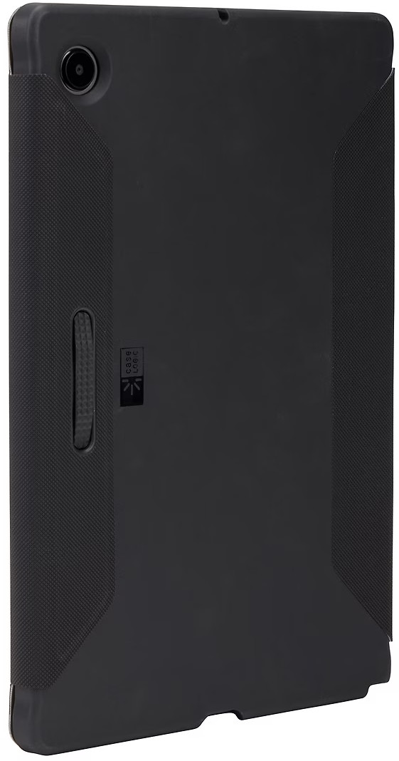 Black tablet case. It has a camera hole and a textured grip on the side.