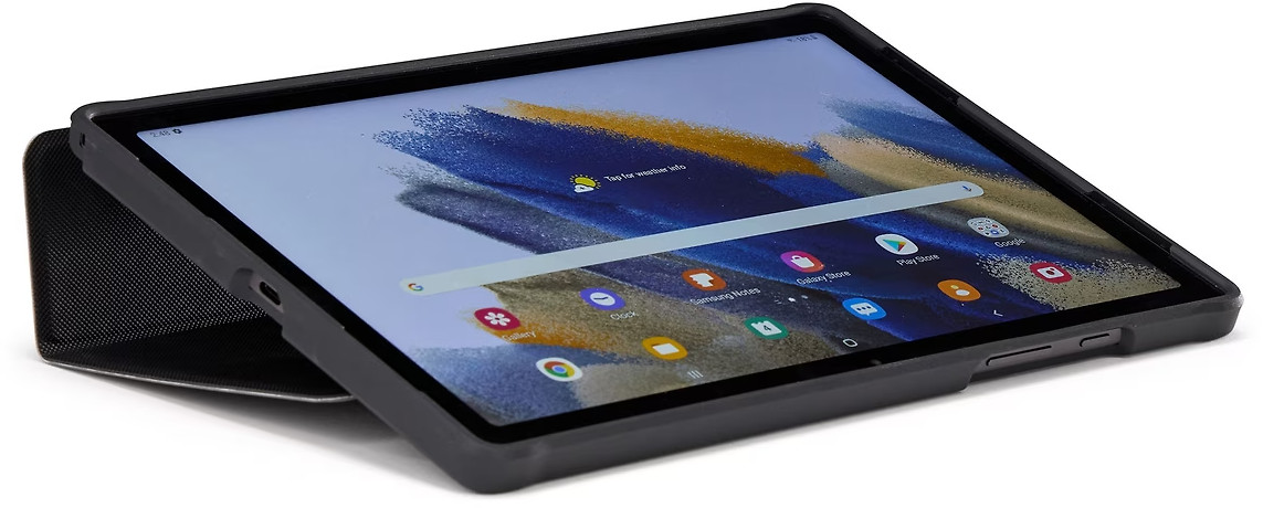 Tablet with case. Displaying app icons. Black case. Light background. 