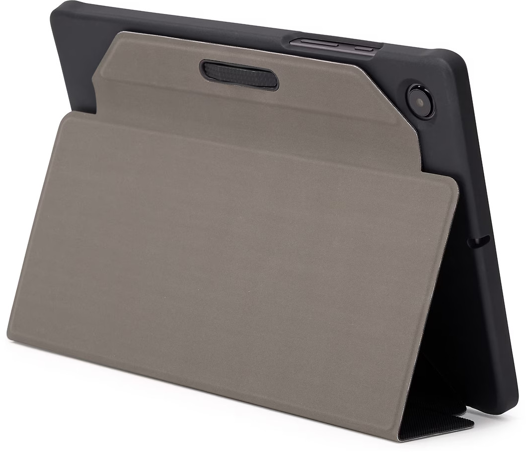 Tablet in a gray case, angled. Camera and power button visible. Case has a stand.