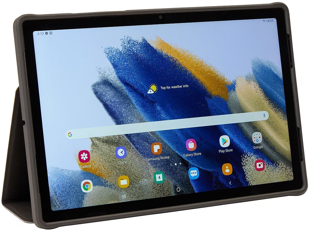 Tablet on a stand, showing a home screen with apps like Gallery and Google.
