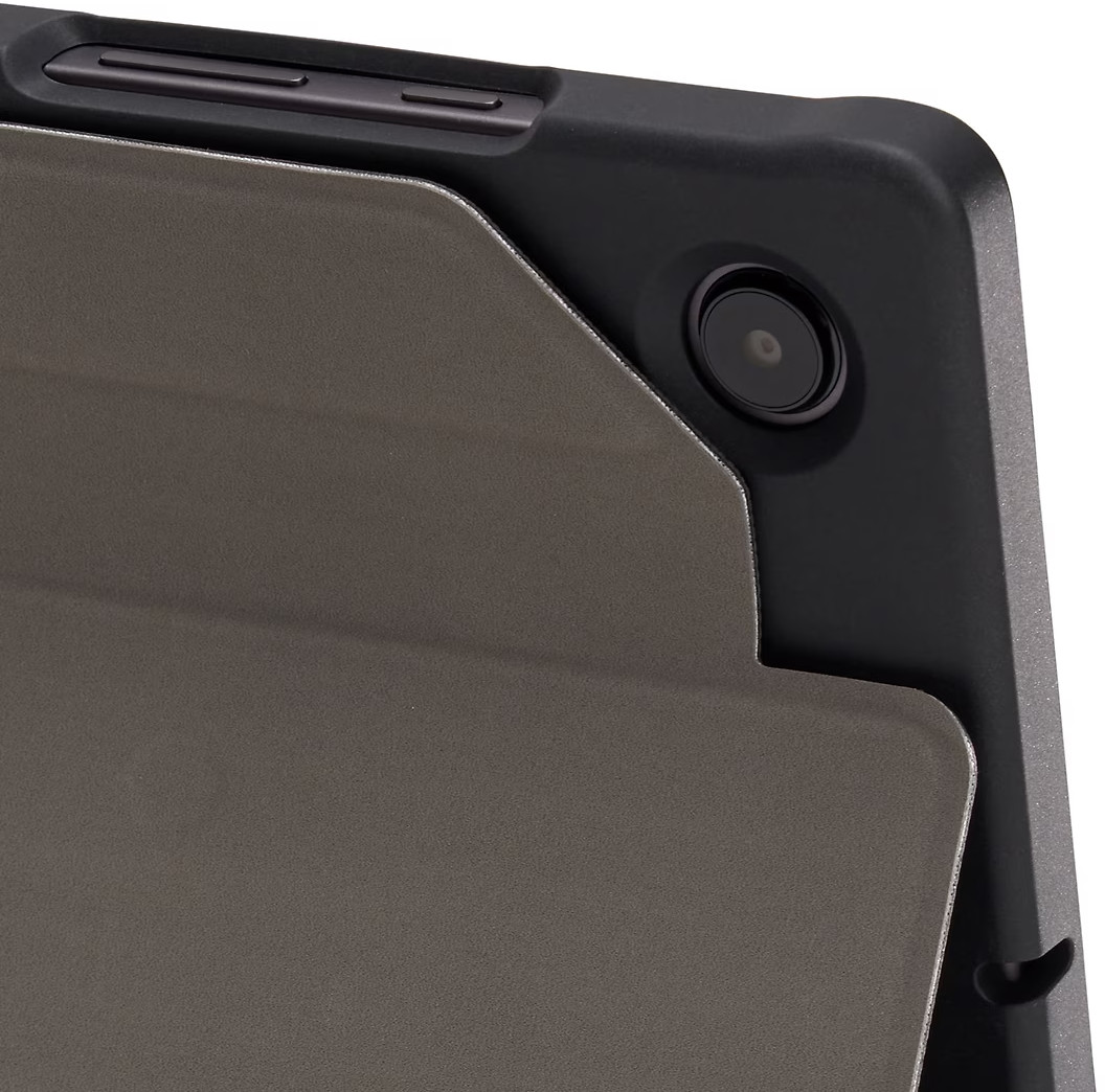 Close-up of a tablet with a brown case. The camera is visible.