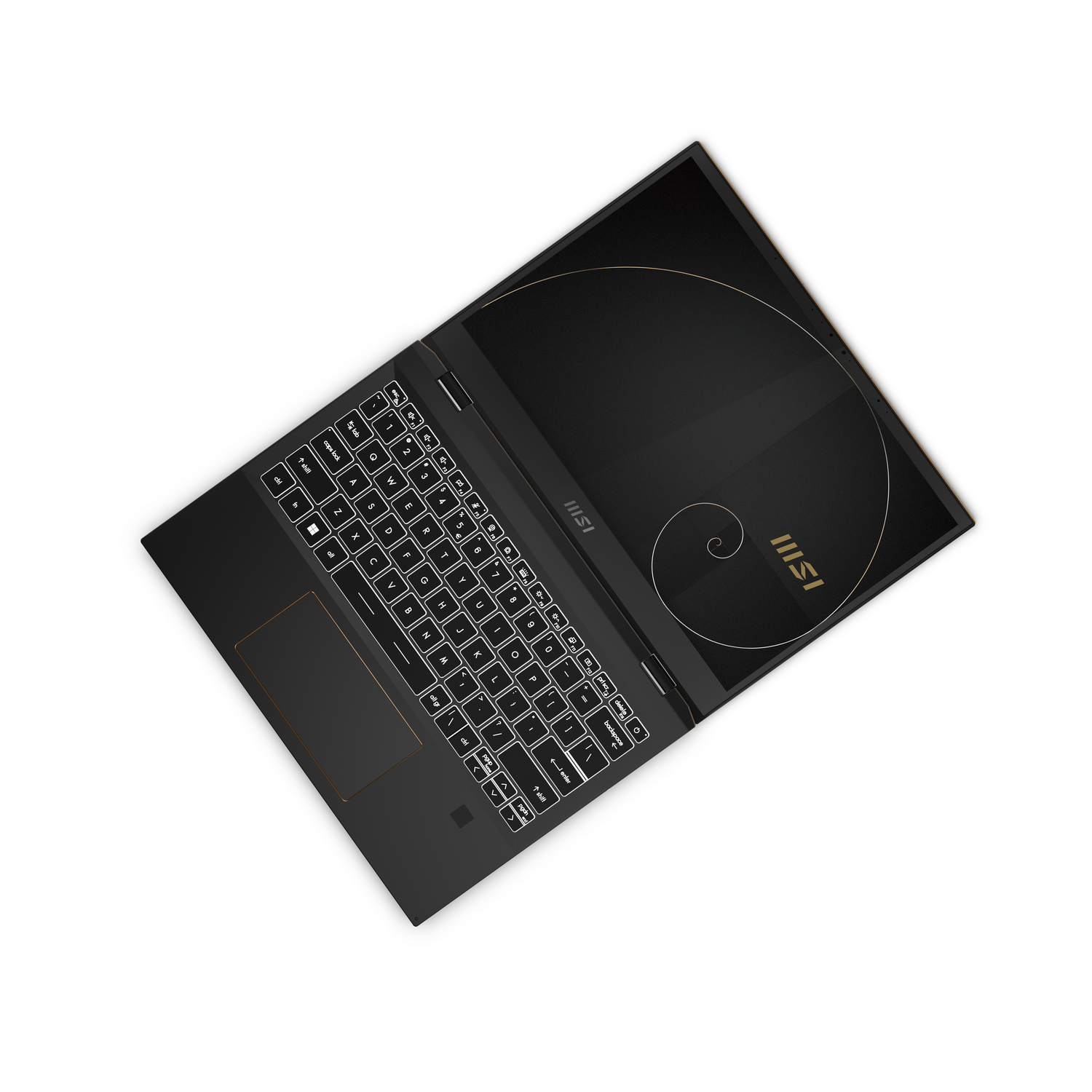 Un portátil negro desde arriba sobre un fondo blanco. Se ve el teclado, y la tapa tiene un diseño de espiral dorada.