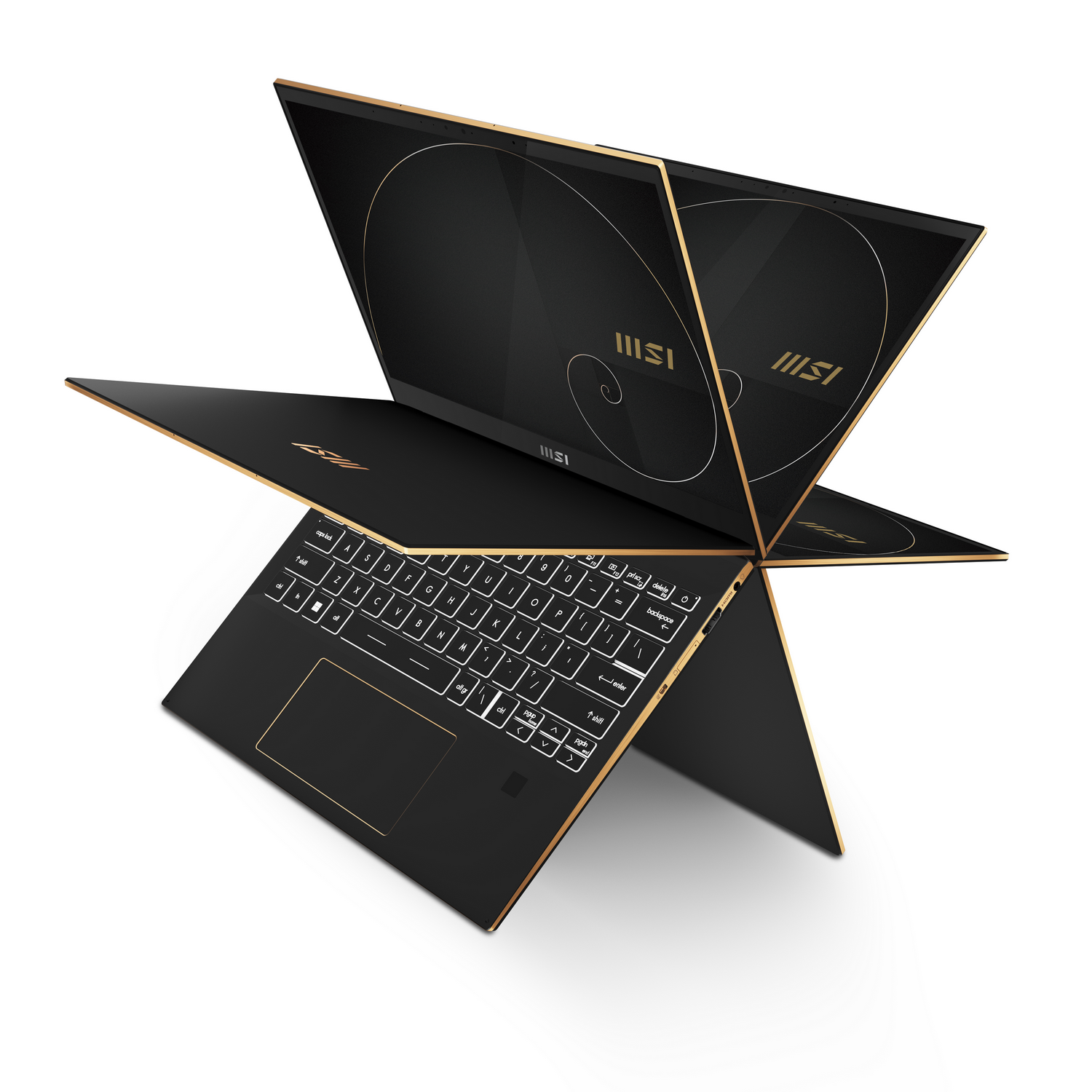 Un portátil negro y dorado con su pantalla en una posición abierta inusual.