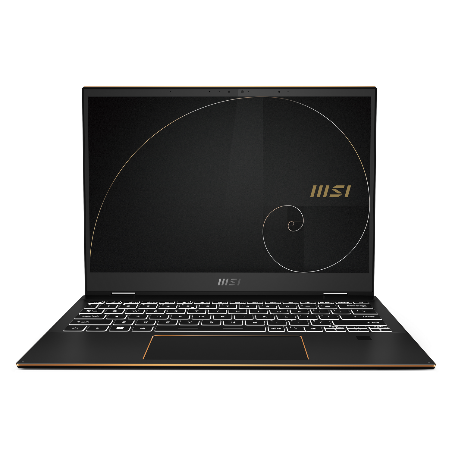 Portátil negro con ribete y teclado dorados. La pantalla es negra.