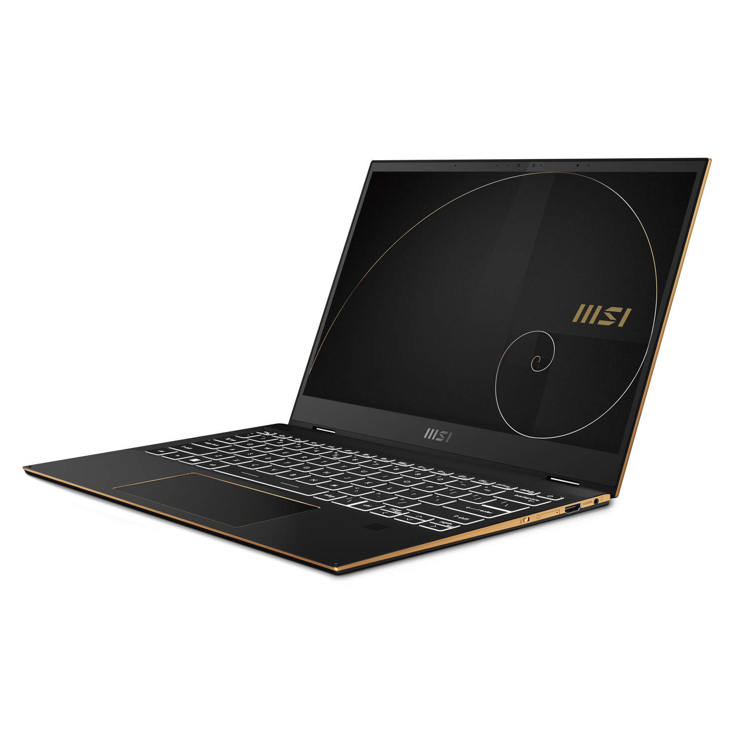 Portátil negro y dorado. La pantalla está abierta y muestra un fondo negro con un diseño dorado.