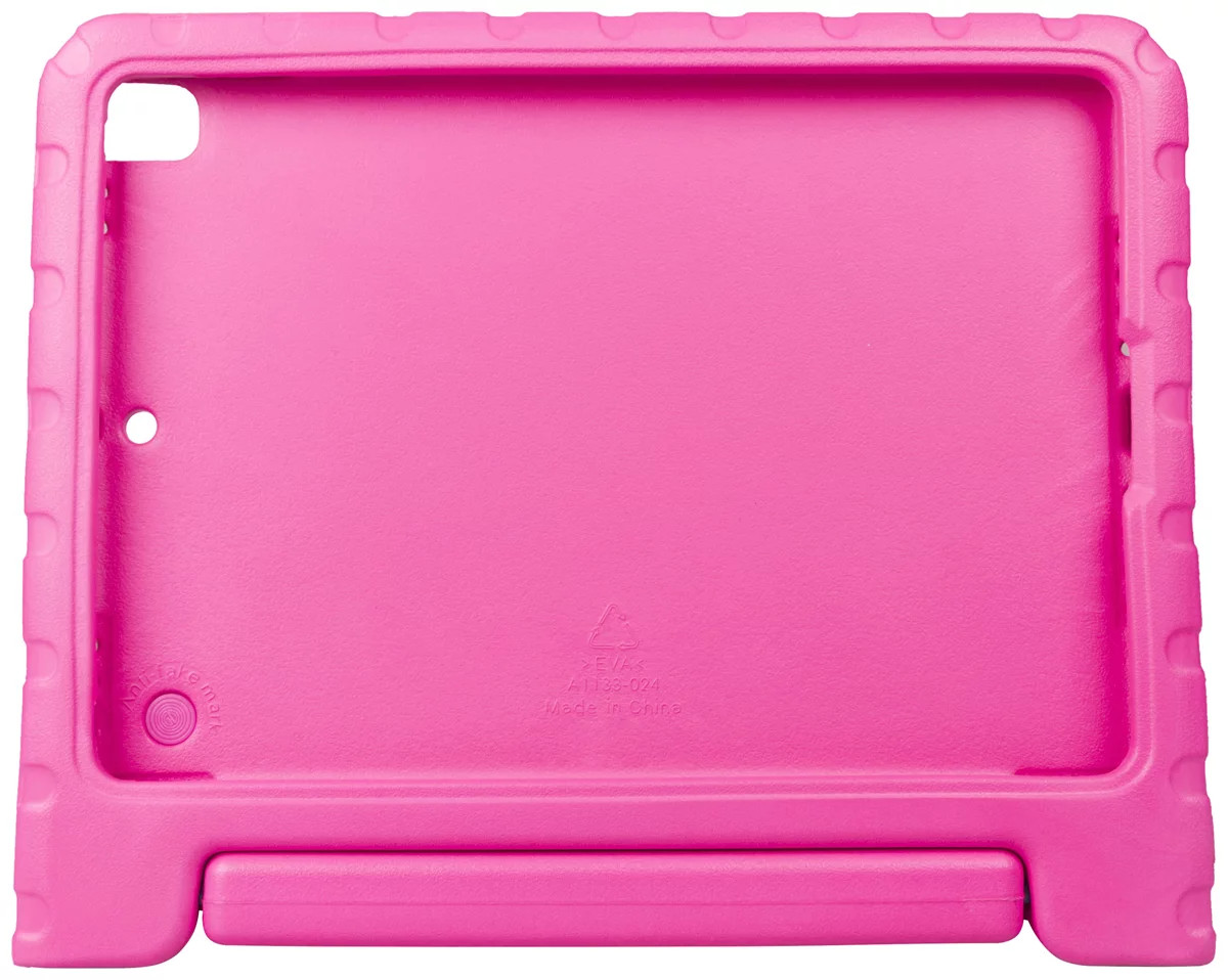 Un étui de tablette rose vif avec une poignée. Il est conçu pour les enfants.