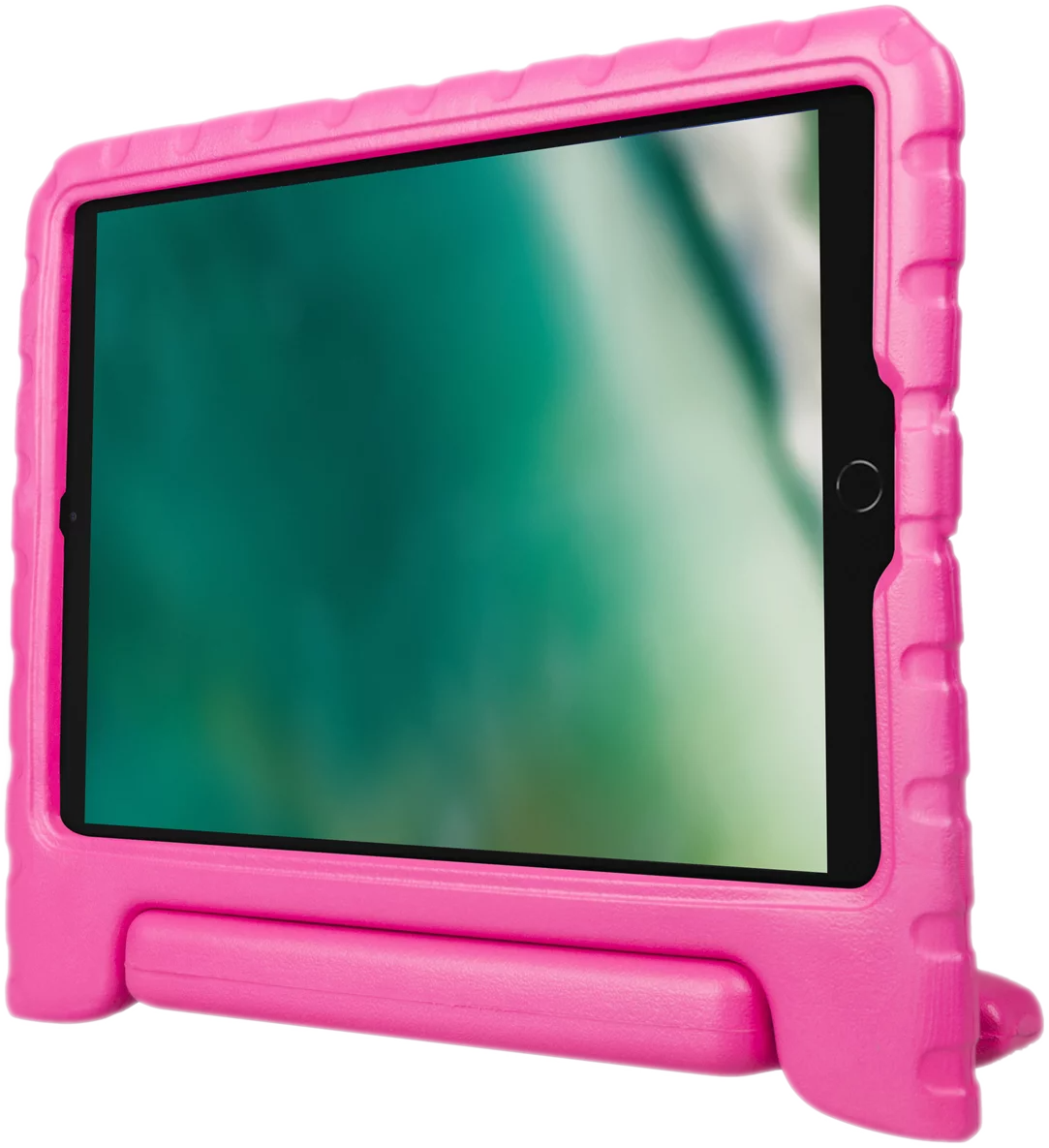 Étui de tablette rose avec un écran noir.