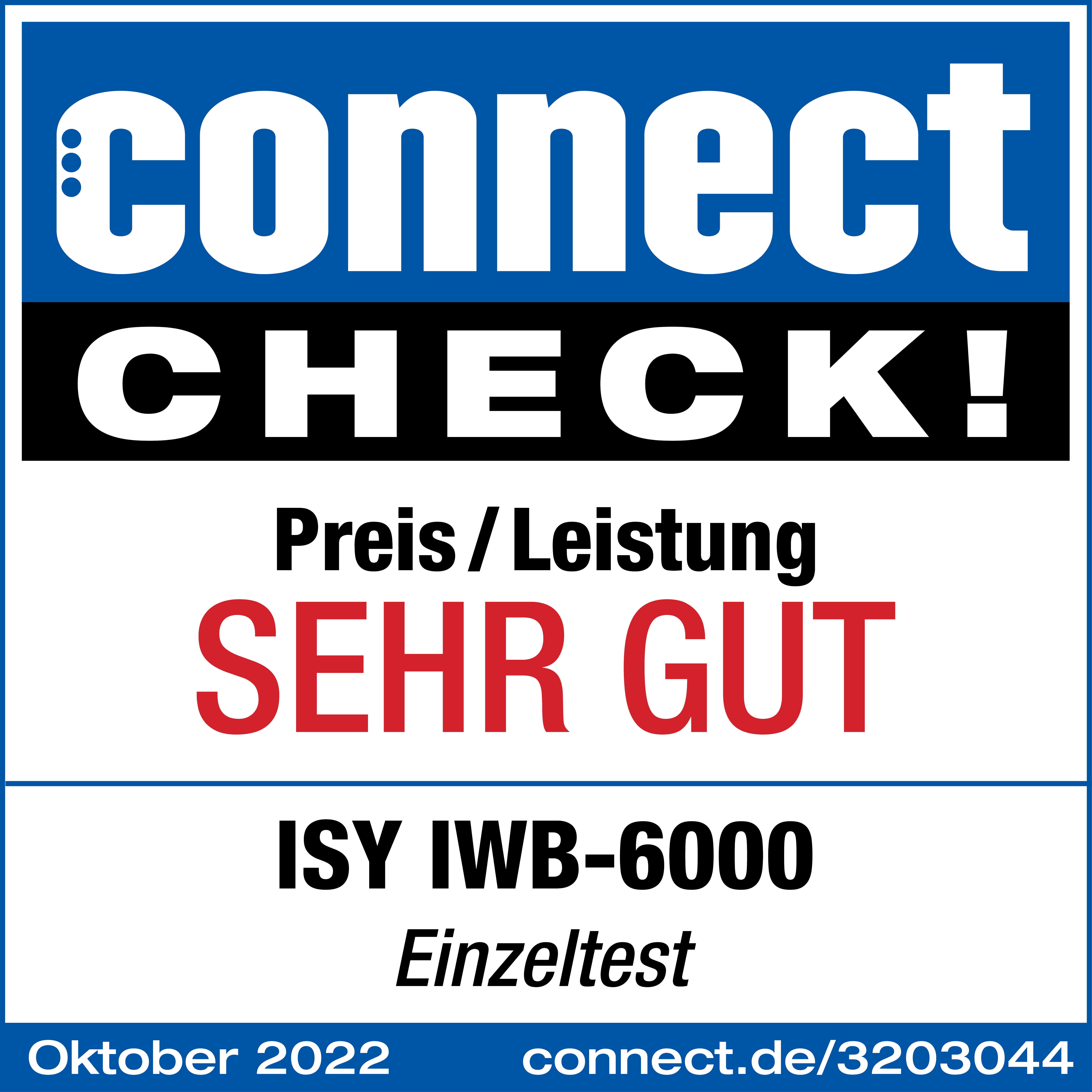 Ein weißer Hintergrund mit dem connect check Logo und Text über Preis und Leistung.