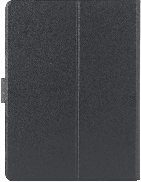 Black tablet cover with a textured surface. Closed, with a magnetic clasp.
