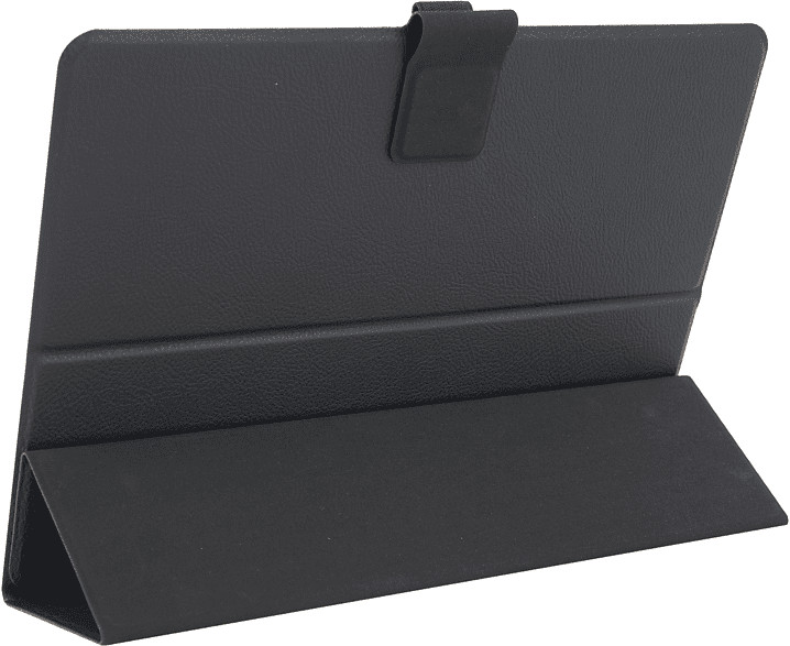 A black tablet case, open and propped up, showing the inside texture.