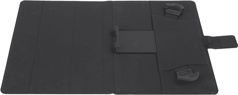 Black leather tablet cover. Tablet cover is open and face up.