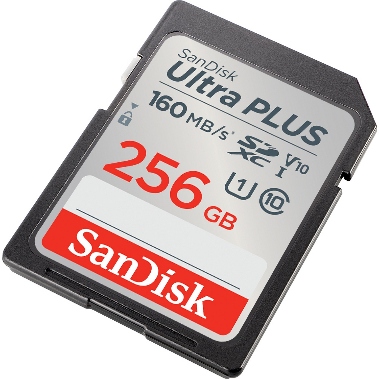 Tarjeta SD SanDisk Ultra Plus 256GB, negra y gris.