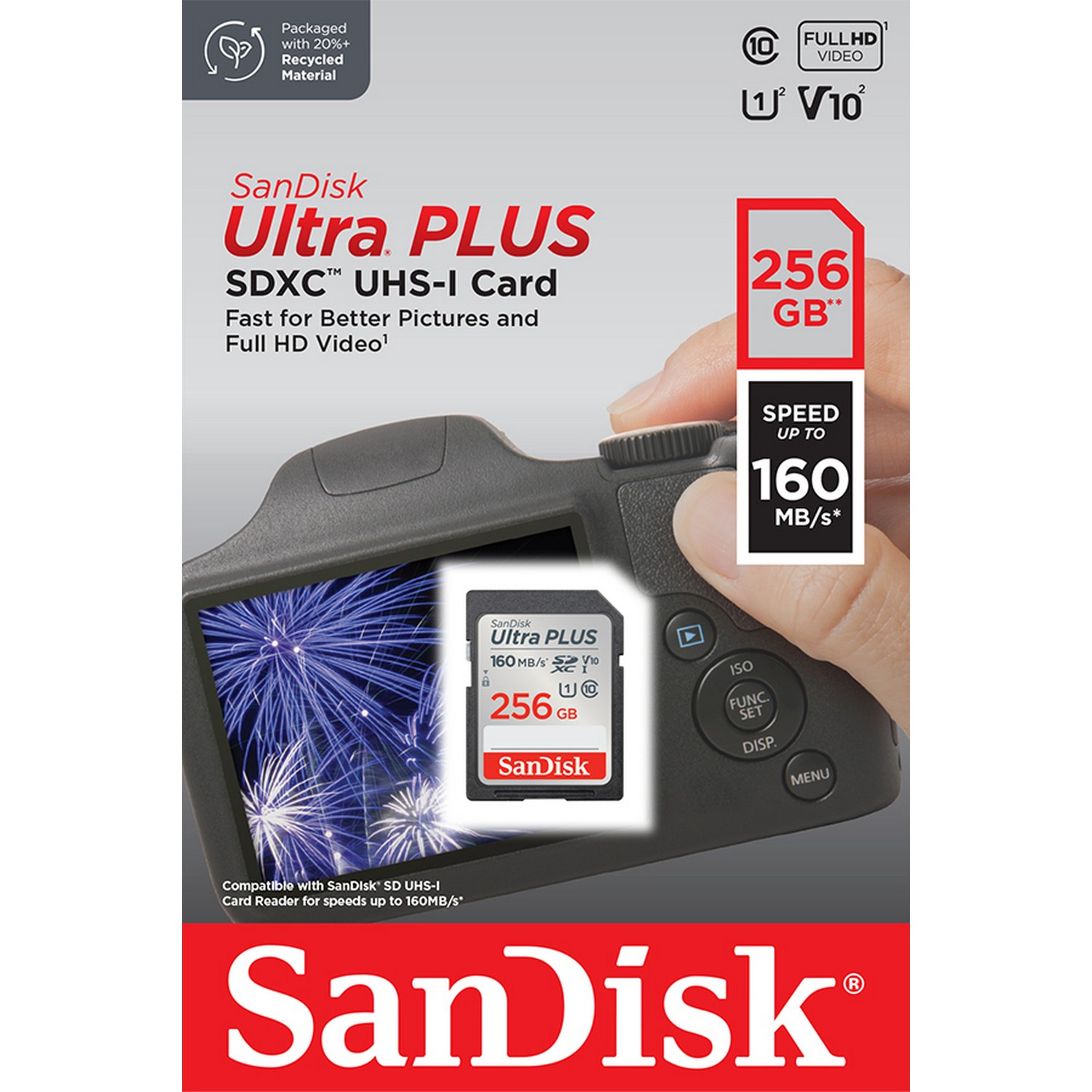 Tarjeta SD SanDisk Ultra Plus con cámara y texto.