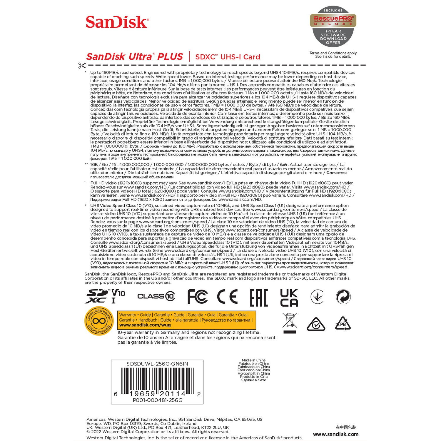 Tarjeta Sandisk Ultra Plus SDXC UHS-I con texto en varios idiomas y varios logotipos.