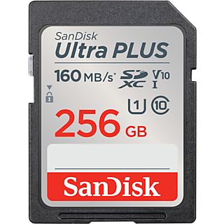 Tarjeta SDXC - SanDisk Ultra Plus, 256GB, 160 MB/s, UHS-I, V10, Clase 10, Resistente al Agua, Multicolor