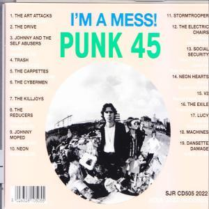 I'm a Mess! Albumhoes van Punk 45 met een band en een grote witte cirkel.