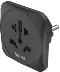 Black Hama universal travel adapter with multiple sockets.