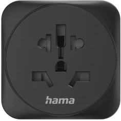 A black travel adapter with multiple plug configurations.