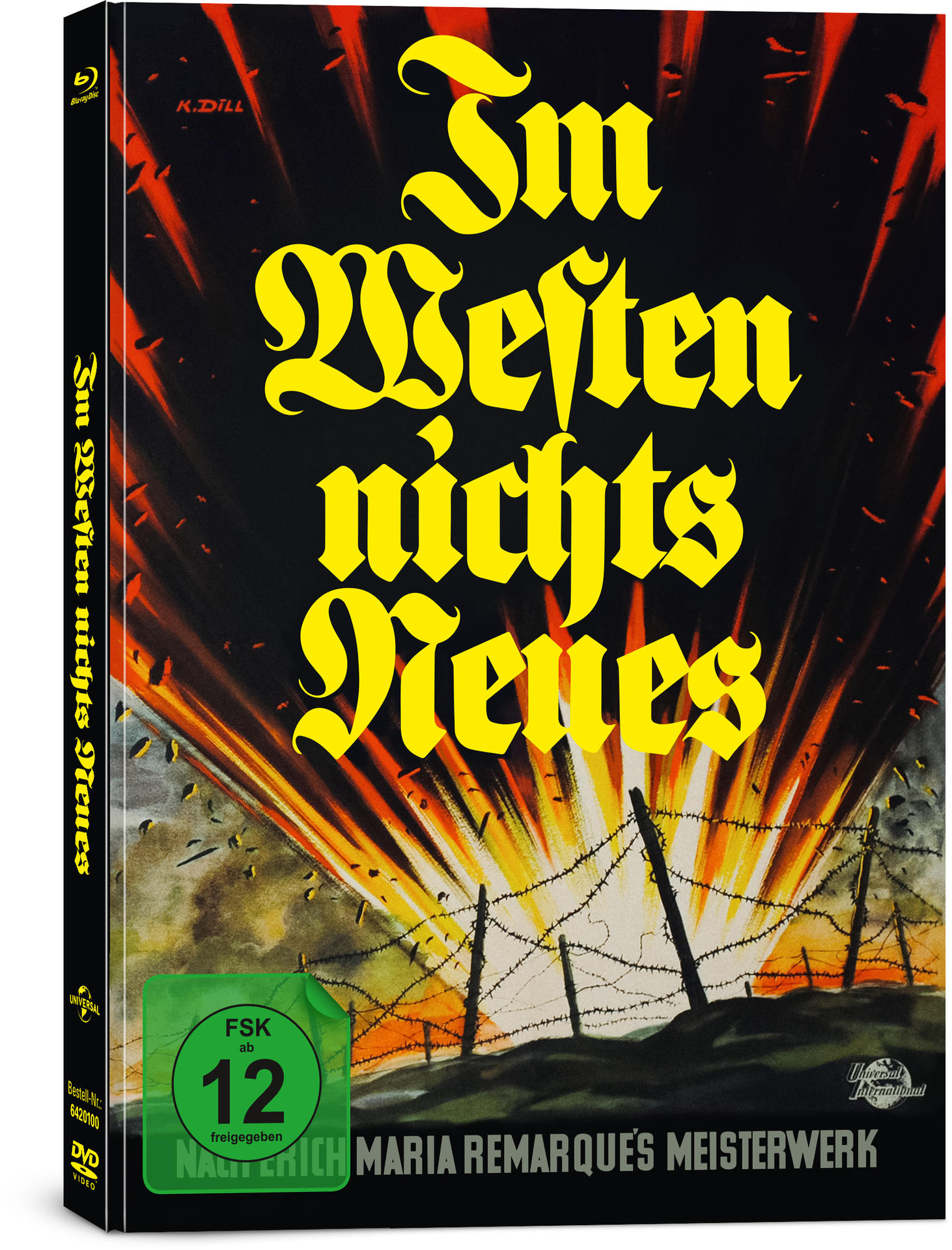Film-DVD-Cover: Deutscher Titel „Im Westen nichts Neues“ mit Stacheldraht und explodierendem Hintergrund.