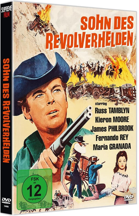 DVD-Cover, ein Mann mit Cowboyhut zielt mit einer Waffe. Hintergrund mit Feuer und Pferden.