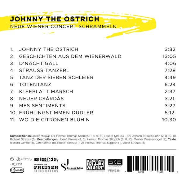 Albumtitel 'Johnny The Ostrich' mit Titelliste und Laufzeiten.