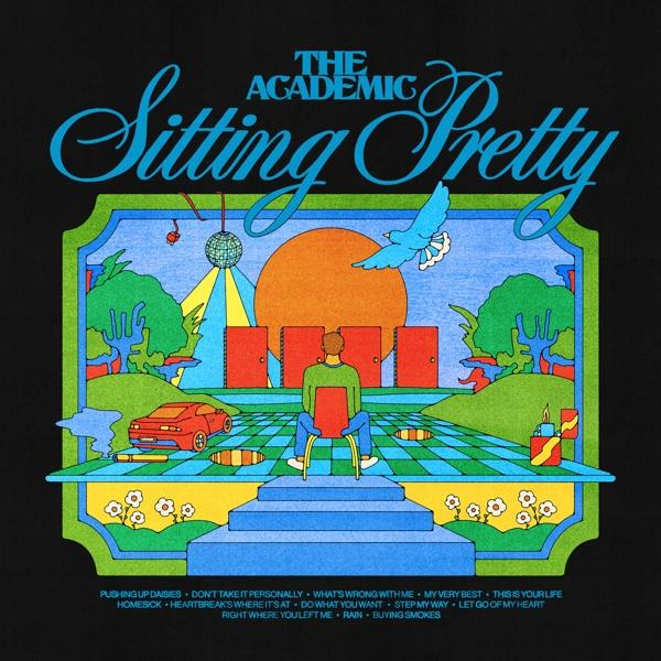 Pochette d'album avec une scène de dessin animé. Une personne assise sur une chaise, avec une voiture, des portes et une boule disco.