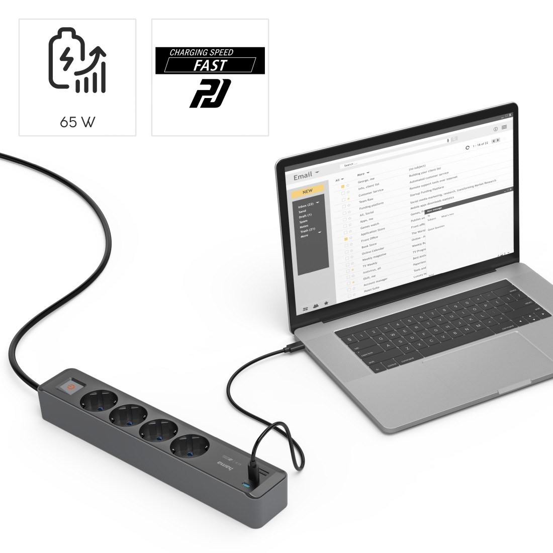 HAMA 2x USB-C, 1x USB-A, 4-fach Steckdosenleiste mit Schalter, Grau/Schwarz