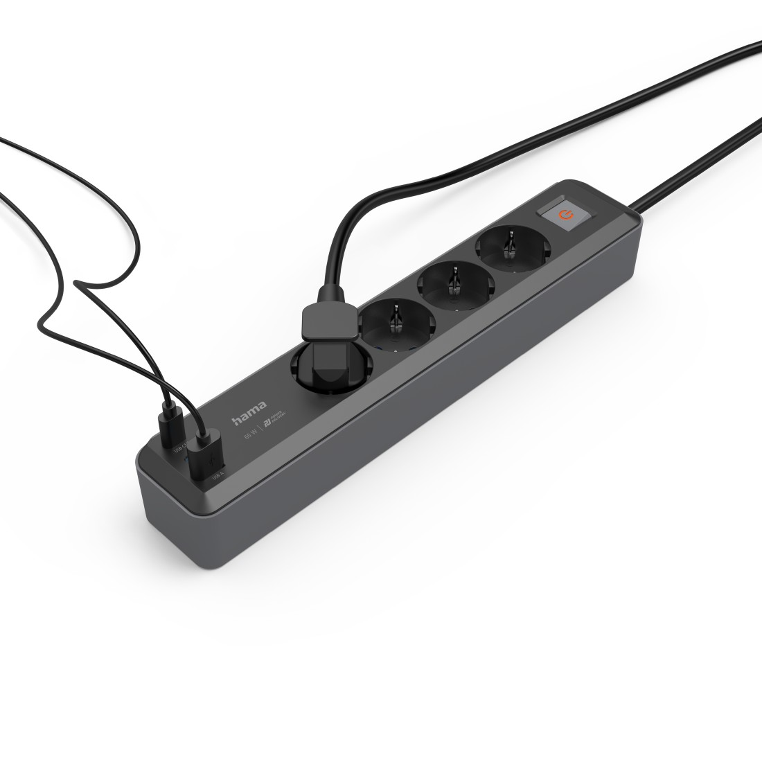 HAMA 2x USB-C, 1x USB-A, 4-fach Steckdosenleiste mit Schalter, Grau/Schwarz