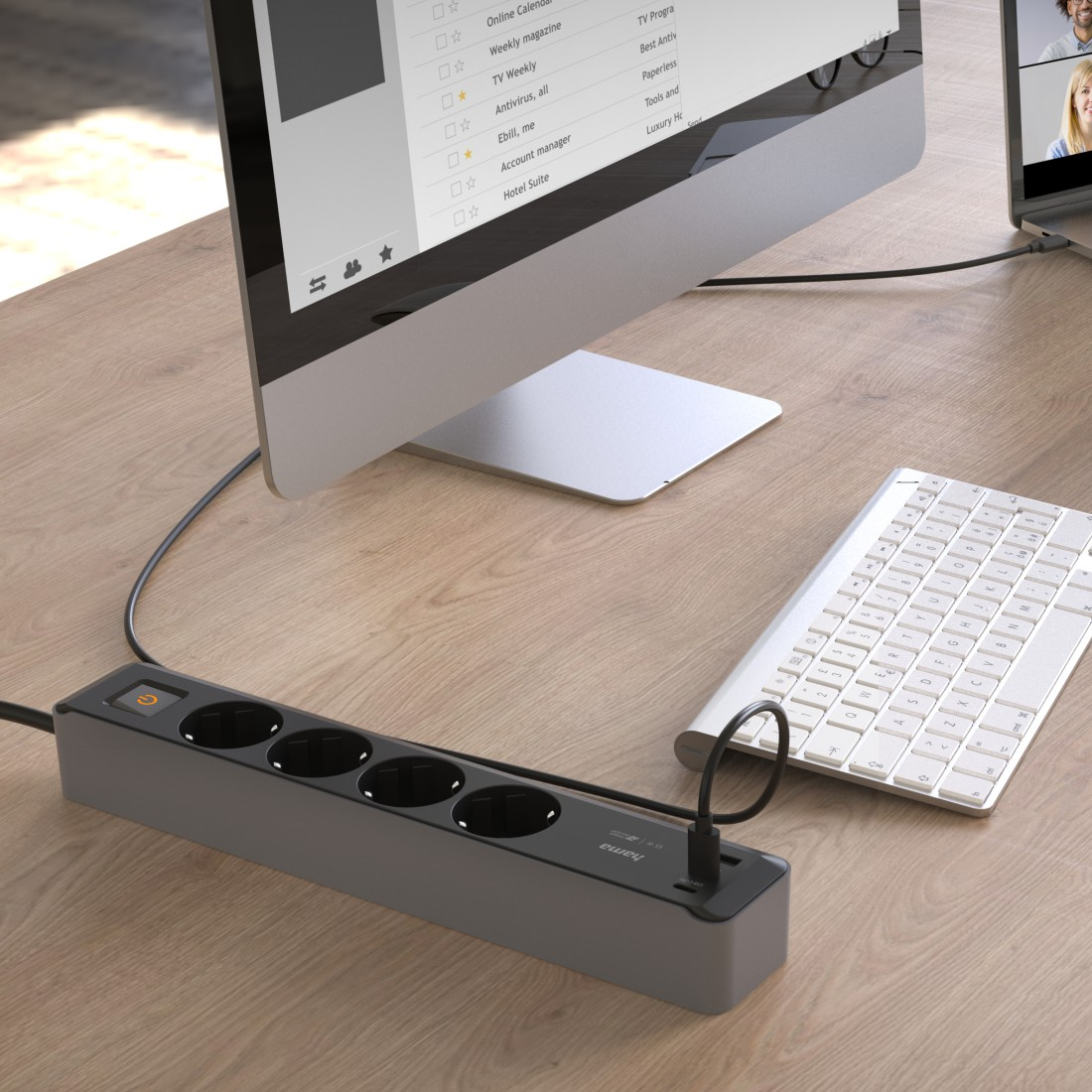 HAMA 2x USB-C, 1x USB-A, 4-fach Steckdosenleiste mit Schalter, Grau/Schwarz
