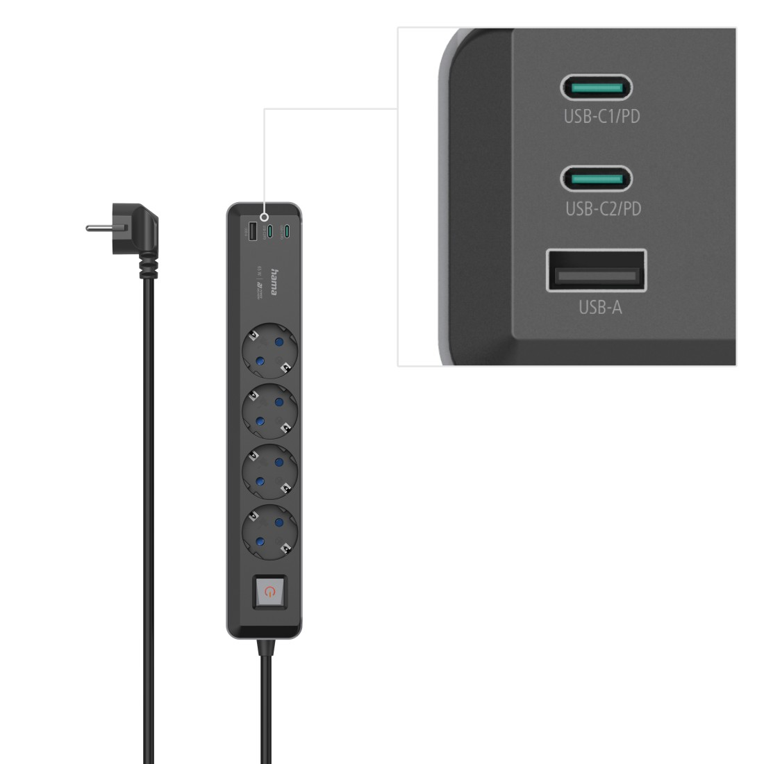 HAMA 2x USB-C, 1x USB-A, 4-fach Steckdosenleiste mit Schalter, Grau/Schwarz