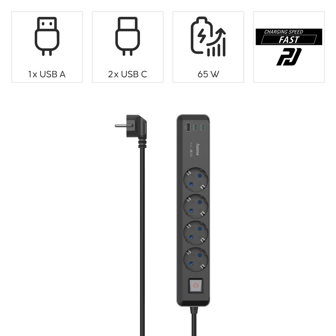 HAMA 2x USB-C, 1x USB-A, 4-fach Steckdosenleiste mit Schalter, Grau/Schwarz