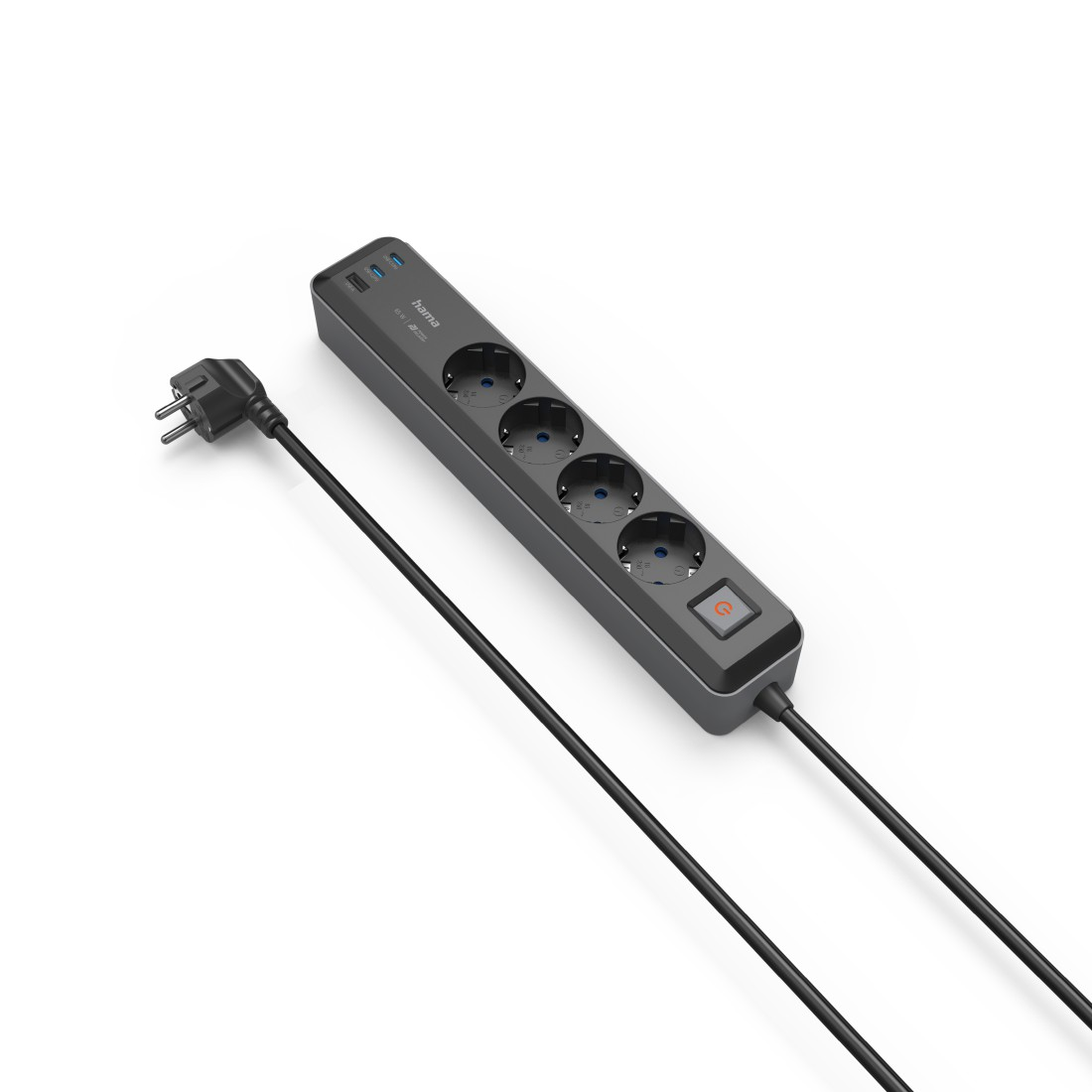 HAMA 2x USB-C, 1x USB-A, 4-fach Steckdosenleiste mit Schalter, Grau/Schwarz