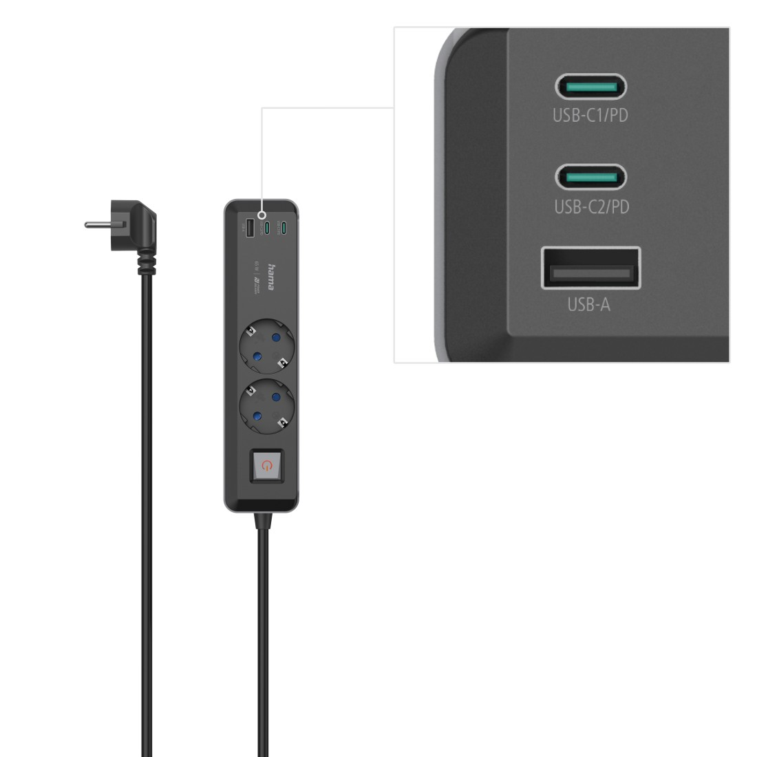 HAMA 2x USB-X, 1x USB-A, Universal, 2-fach Grau Steckdosenleiste