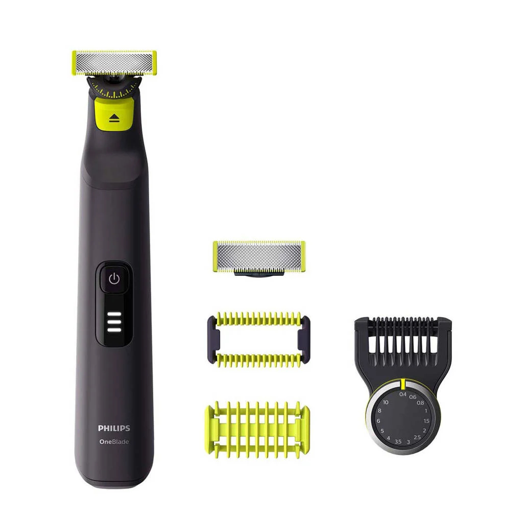 Zwarte Philips OneBlade, met extra trimmertrimkoppen.