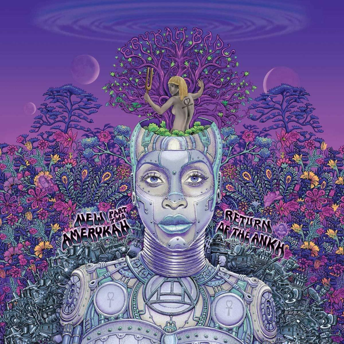 Roboterfrau mit Baum auf dem Kopf, Text 'New Amerykah, Return of the Ankh', lila Hintergrund.