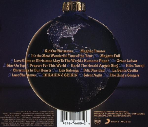 Weihnachtsalbumcover mit Globus und Songtiteln.