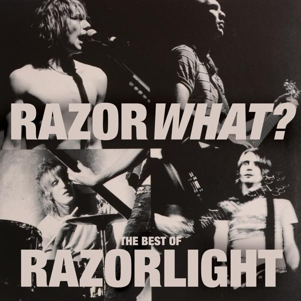 Albumcover in Schwarzweiß. Fotos von Bandmitgliedern, Text 'RAZOR WHAT?' und 'RAZORLIGHT'.