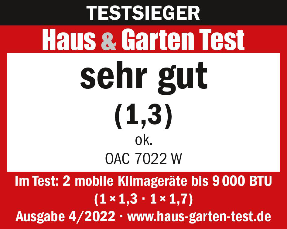 Ein rotes und weißes Schild mit Text, das ein Produkt mit 'sehr gut' (1,3) bewertet. Der Hintergrund ist schlicht.
