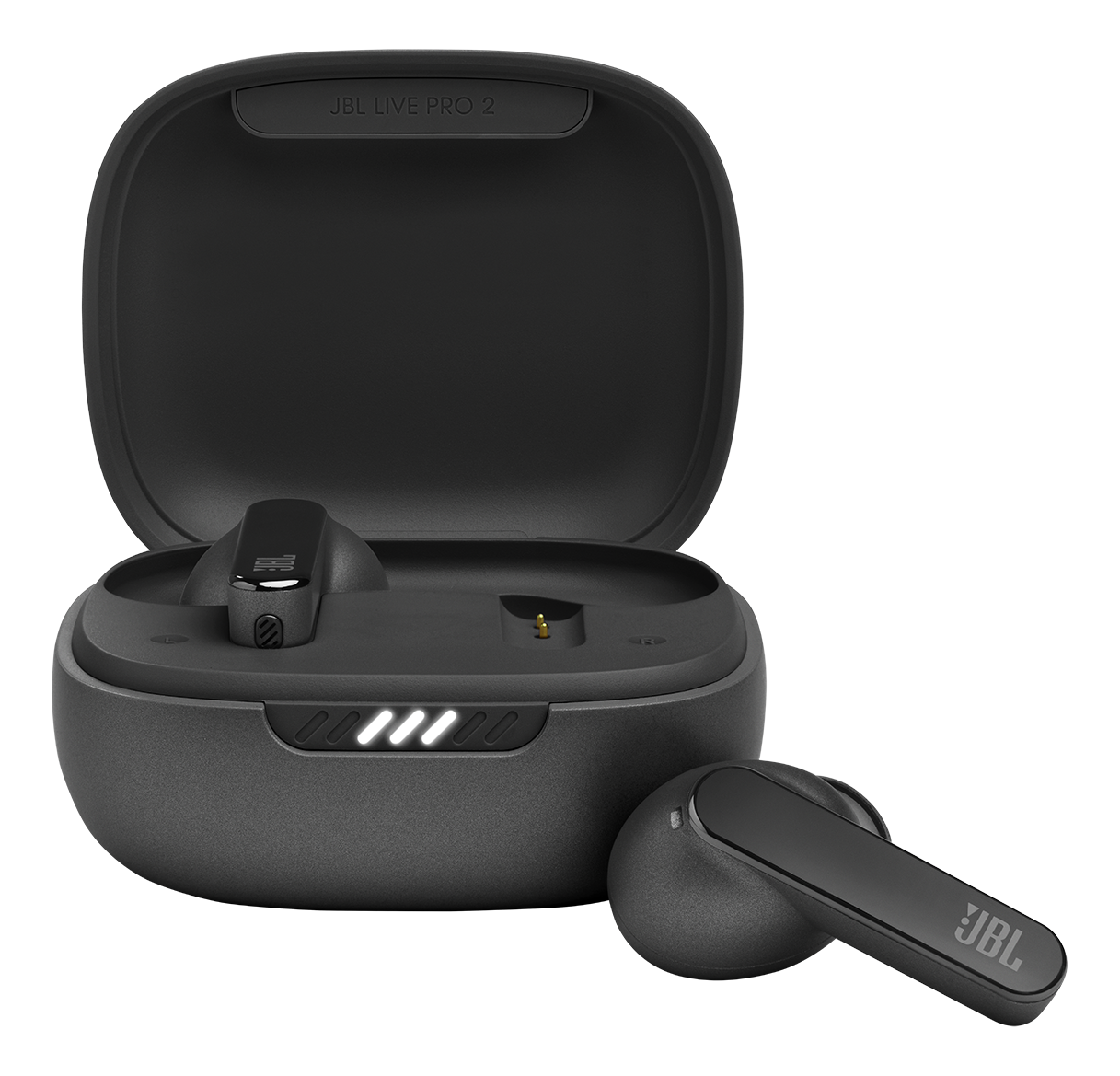 Schwarze JBL Live Pro 2 Ohrhörer und Ladecase. Das Case ist geöffnet. Ohrhörer rechts.