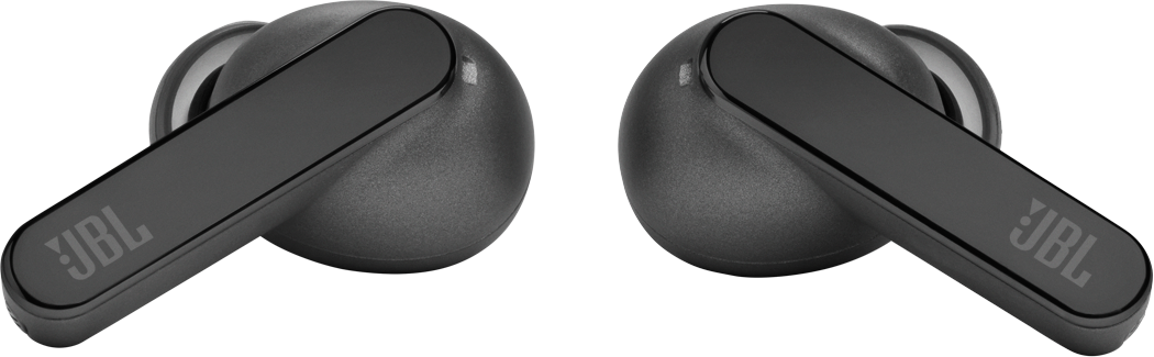 Zwei schwarze kabellose JBL-Ohrhörer mit dem JBL-Logo auf weißem Hintergrund.