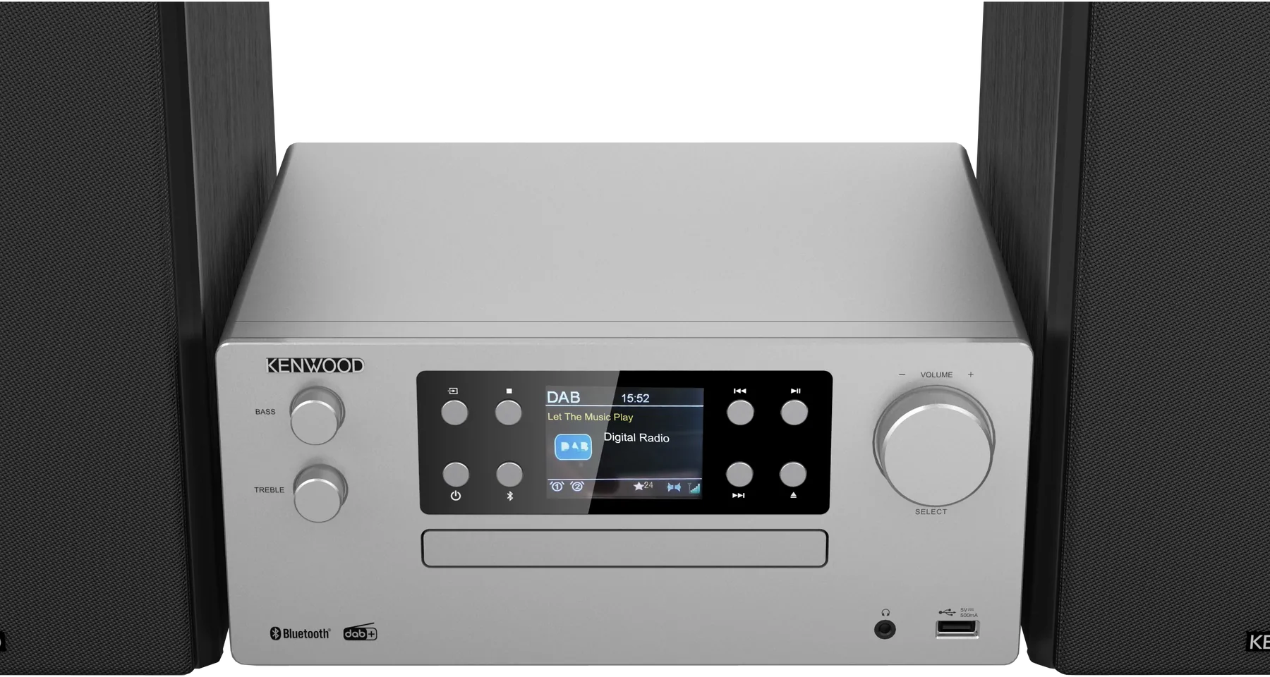Sistema mini hi-fi Kenwood argento con altoparlanti, display e lettore CD.