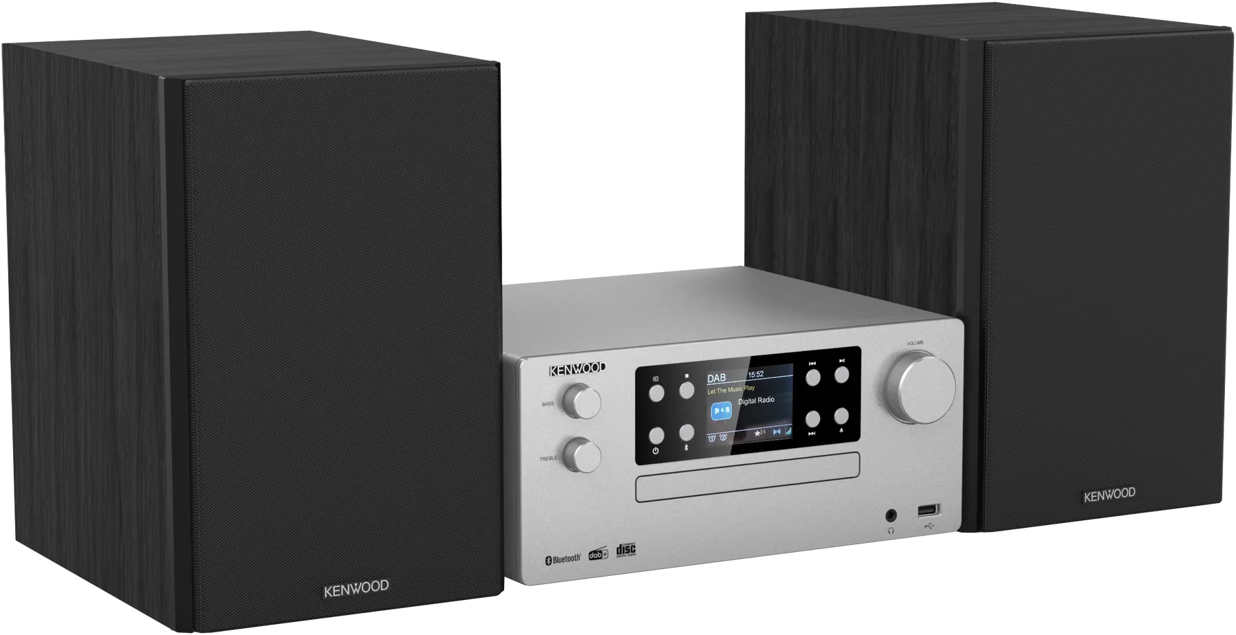 Impianto stereo con due altoparlanti e un'unità centrale argentata.